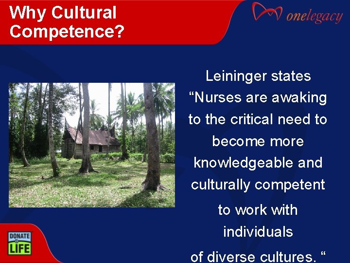 Why Cultural Competence? Leininger states “Nurses are awaking to the critical need to become