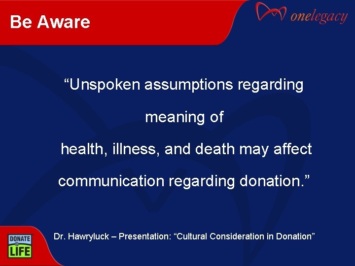 Be Aware “Unspoken assumptions regarding meaning of health, illness, and death may affect communication