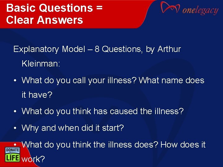 Basic Questions = Clear Answers Explanatory Model – 8 Questions, by Arthur Kleinman: •