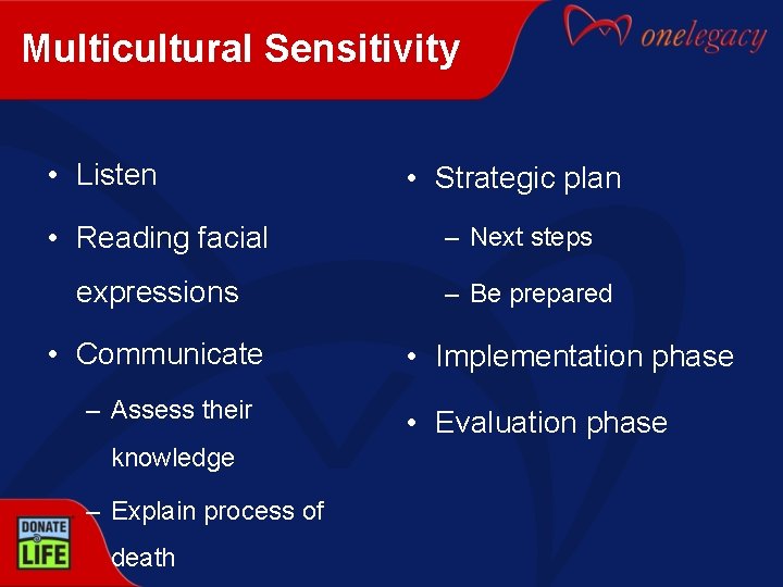 Multicultural Sensitivity • Listen • Reading facial expressions • Communicate – Assess their knowledge