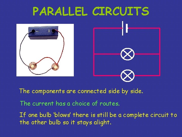 PARALLEL CIRCUITS The components are connected side by side. The current has a choice