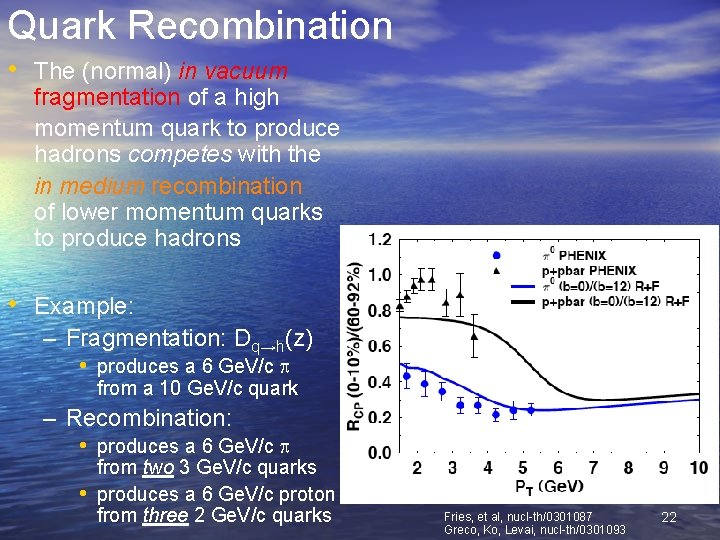 Quark Recombination • The (normal) in vacuum fragmentation of a high momentum quark to