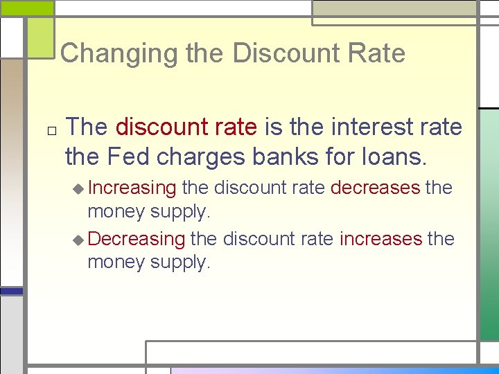 Changing the Discount Rate □ The discount rate is the interest rate the Fed