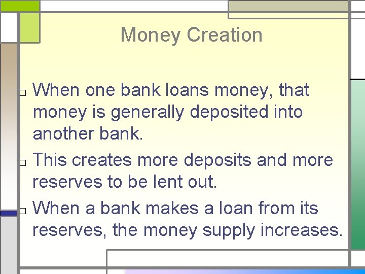 Money Creation □ □ □ When one bank loans money, that money is generally