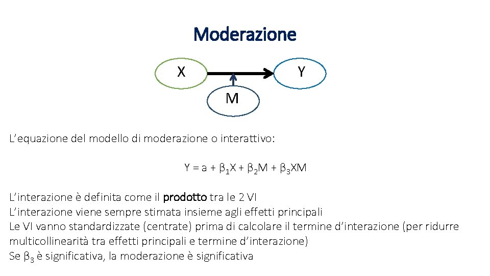 Moderazione X Y M L’equazione del modello di moderazione o interattivo: Y = a