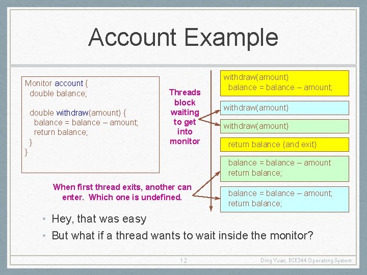 Account Example Monitor account { double balance; double withdraw(amount) { balance = balance –