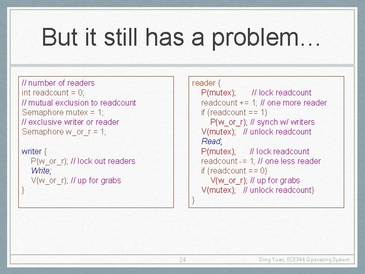 But it still has a problem… // number of readers int readcount = 0;