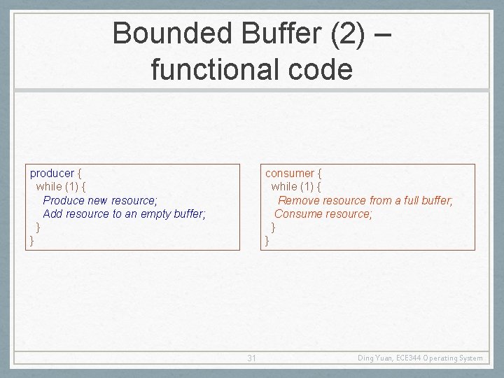 Bounded Buffer (2) – functional code producer { while (1) { Produce new resource;