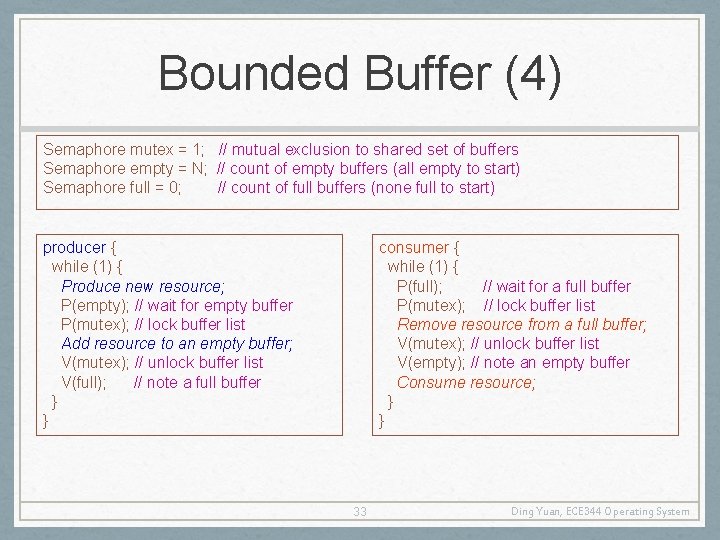 Bounded Buffer (4) Semaphore mutex = 1; // mutual exclusion to shared set of