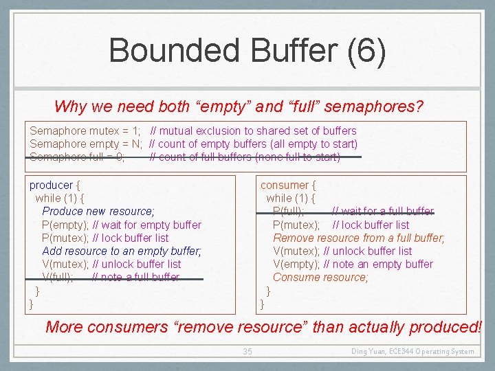 Bounded Buffer (6) Why we need both “empty” and “full” semaphores? Semaphore mutex =