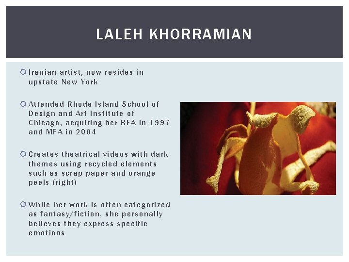 LALEH KHORRAMIAN Iranian artist, now resides in upstate New York Attended Rhode Island School