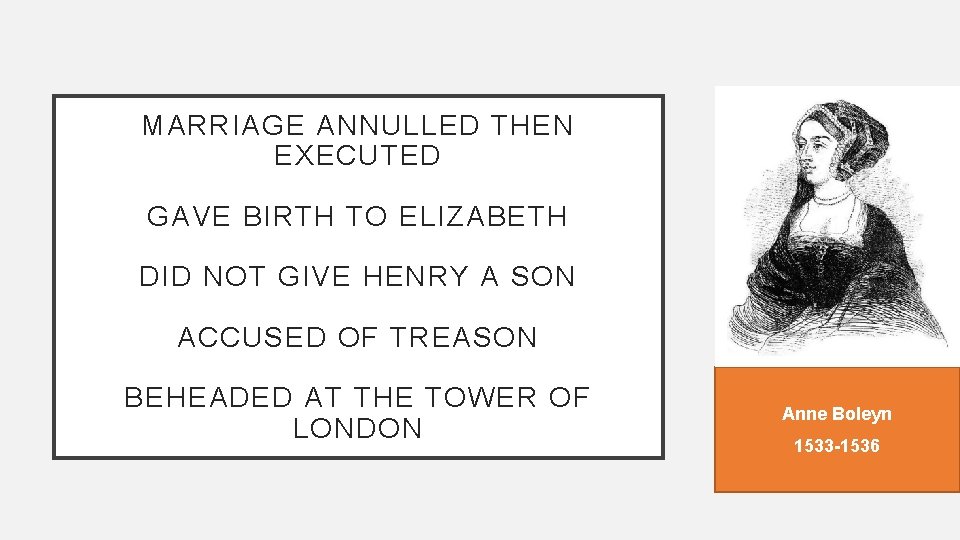 MARRIAGE ANNULLED THEN EXECUTED GAVE BIRTH TO ELIZABETH DID NOT GIVE HENRY A SON