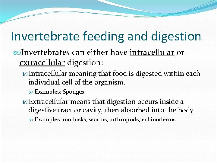 Invertebrate feeding and digestion Invertebrates can either have intracellular or extracellular digestion: Intracellular meaning