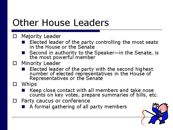 Other House Leaders o Majority Leader n Elected leader of the party controlling the