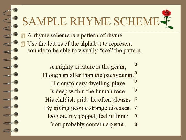 SAMPLE RHYME SCHEME 4 A rhyme scheme is a pattern of rhyme 4 Use