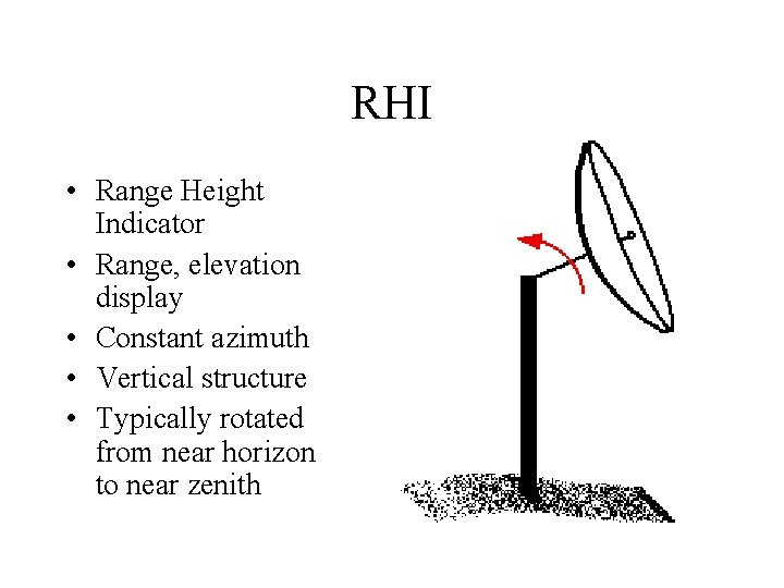 RHI • Range Height Indicator • Range, elevation display • Constant azimuth • Vertical