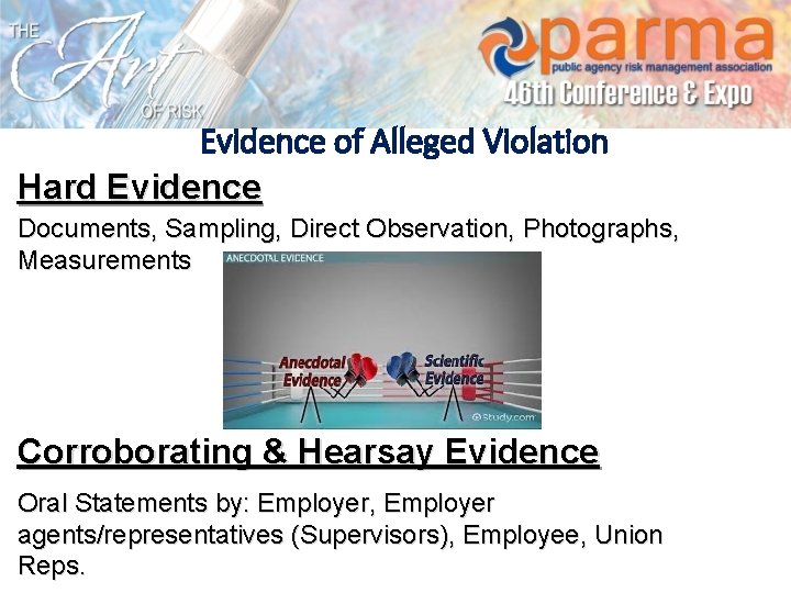 Evidence of Alleged Violation Hard Evidence Documents, Sampling, Direct Observation, Photographs, Measurements Corroborating &