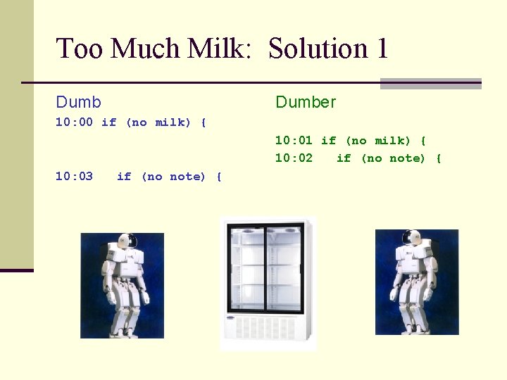 Too Much Milk: Solution 1 Dumber 10: 00 if (no milk) { 10: 01