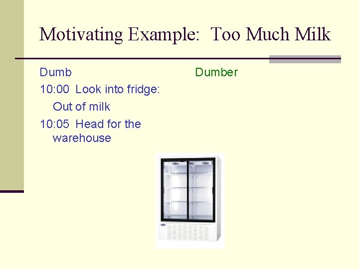 Motivating Example: Too Much Milk Dumb 10: 00 Look into fridge: Out of milk