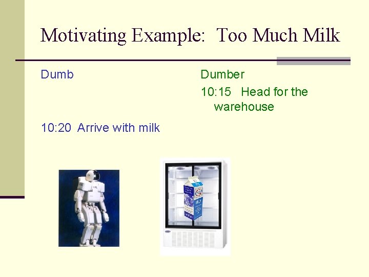 Motivating Example: Too Much Milk Dumb 10: 20 Arrive with milk Dumber 10: 15