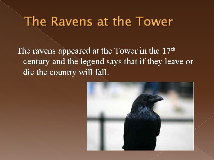 The Ravens at the Tower The ravens appeared at the Tower in the 17