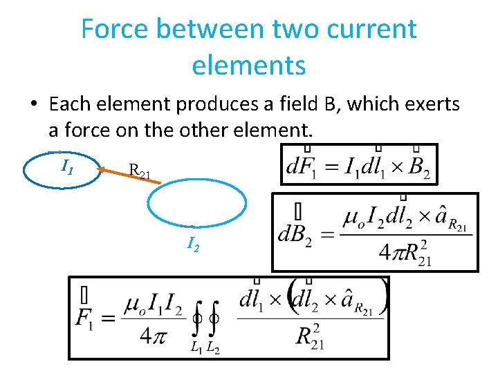 Force between two current elements • Each element produces a field B, which exerts
