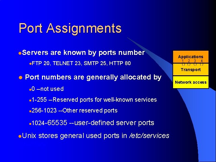 Port Assignments l. Servers l. FTP are known by ports number 20, TELNET 23,