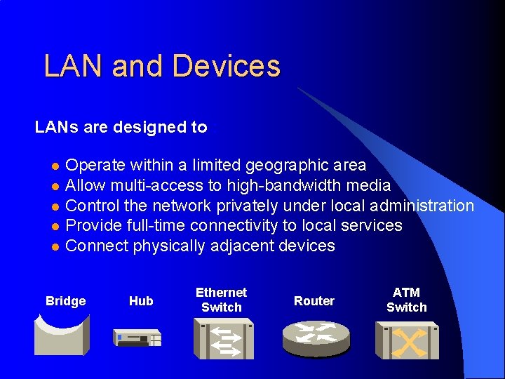 LAN and Devices LANs are designed to : Operate within a limited geographic area