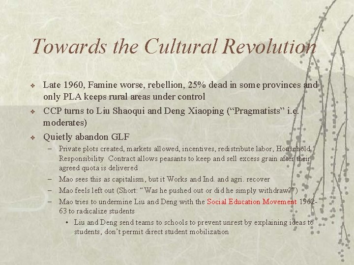Towards the Cultural Revolution v v v Late 1960, Famine worse, rebellion, 25% dead