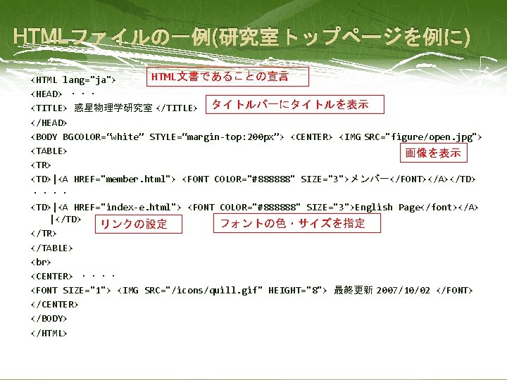 HTMLファイルの一例(研究室トップページを例に) HTML文書であることの宣言 <HTML lang="ja"> <HEAD> ・・・ <TITLE> 惑星物理学研究室 </TITLE> タイトルバーにタイトルを表示 </HEAD> <BODY BGCOLOR=“white” STYLE=“margin-top: