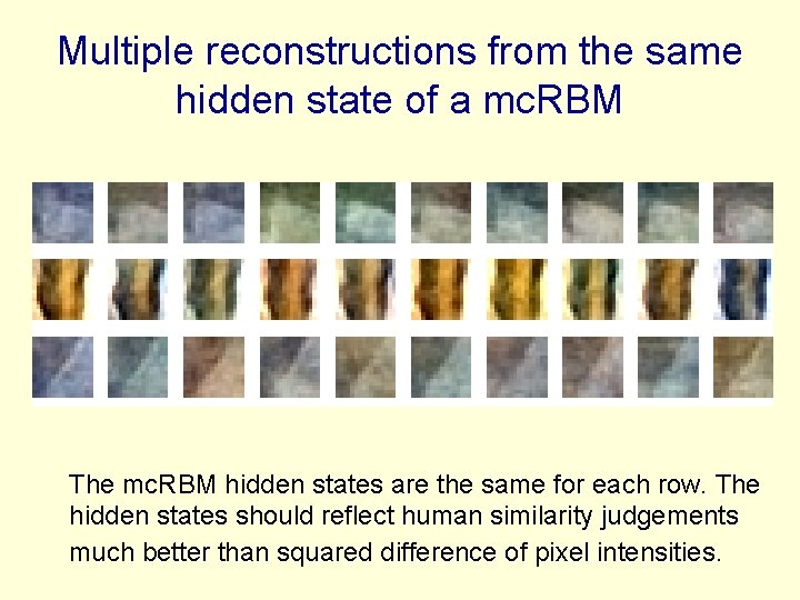 Multiple reconstructions from the same hidden state of a mc. RBM The mc. RBM