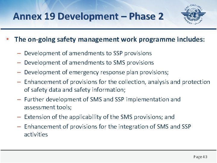 Annex 19 Development – Phase 2 • The on-going safety management work programme includes: