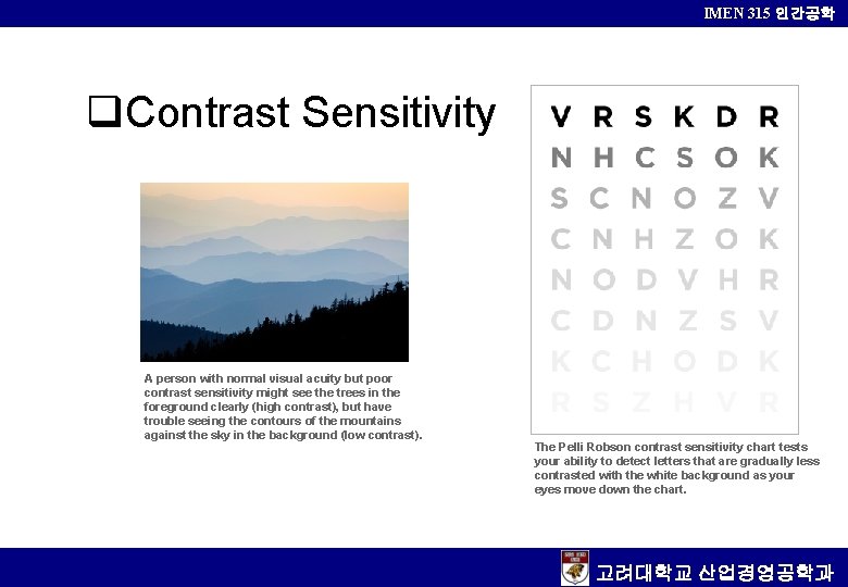 IMEN 315 인간공학 Contrast Sensitivity A person with normal visual acuity but poor contrast