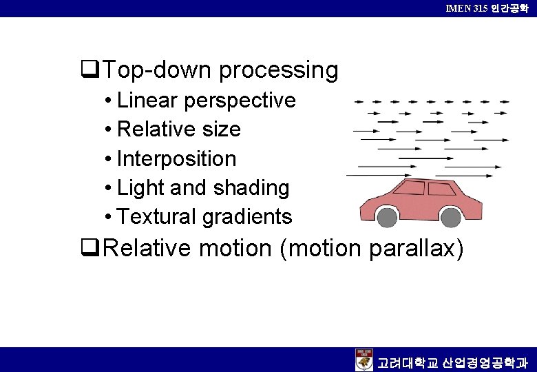 IMEN 315 인간공학 Top-down processing • Linear perspective • Relative size • Interposition •
