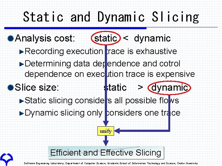 Static and Dynamic Slicing Analysis cost: static < dynamic Recording execution trace is exhaustive