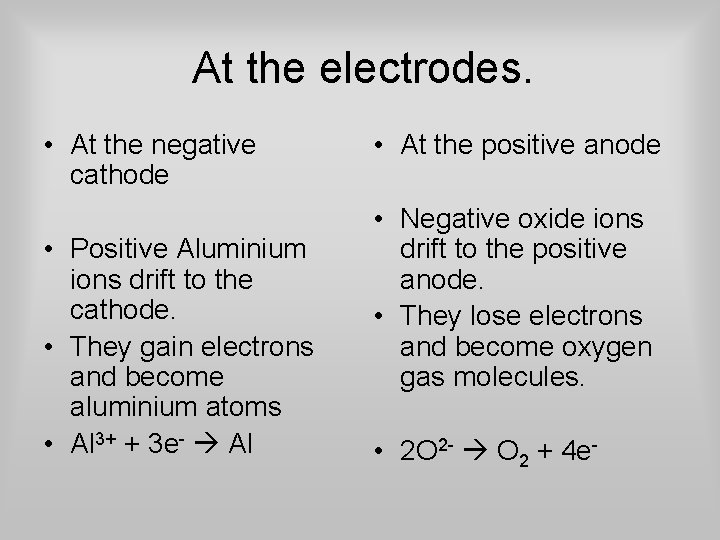 At the electrodes. • At the negative cathode • Positive Aluminium ions drift to
