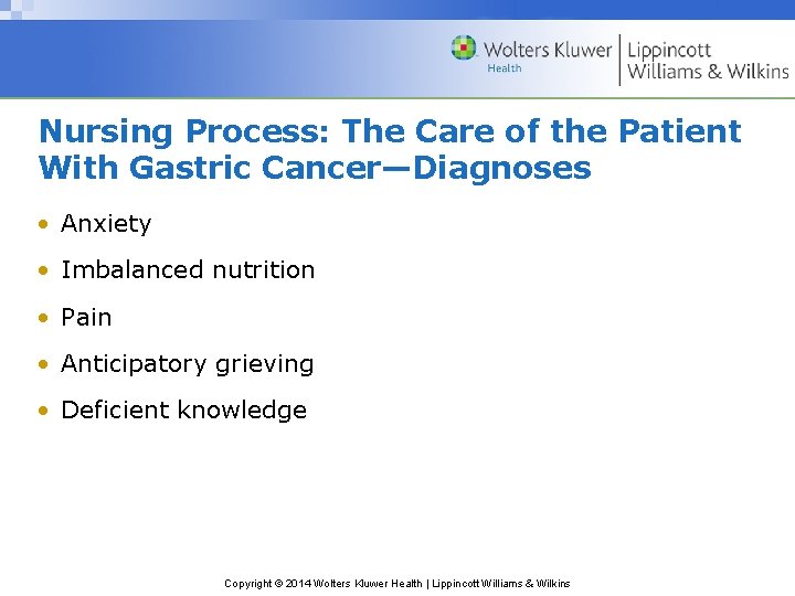 Nursing Process: The Care of the Patient With Gastric Cancer—Diagnoses • Anxiety • Imbalanced