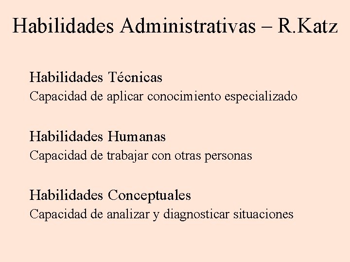 Habilidades Administrativas – R. Katz Habilidades Técnicas Capacidad de aplicar conocimiento especializado Habilidades Humanas