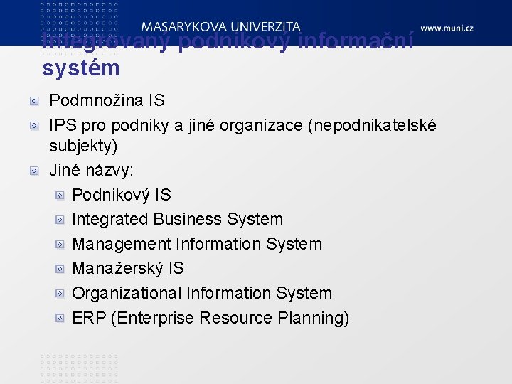 Integrovaný podnikový informační systém Podmnožina IS IPS pro podniky a jiné organizace (nepodnikatelské subjekty)