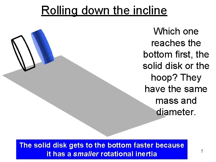 Rolling down the incline Which one reaches the bottom first, the solid disk or