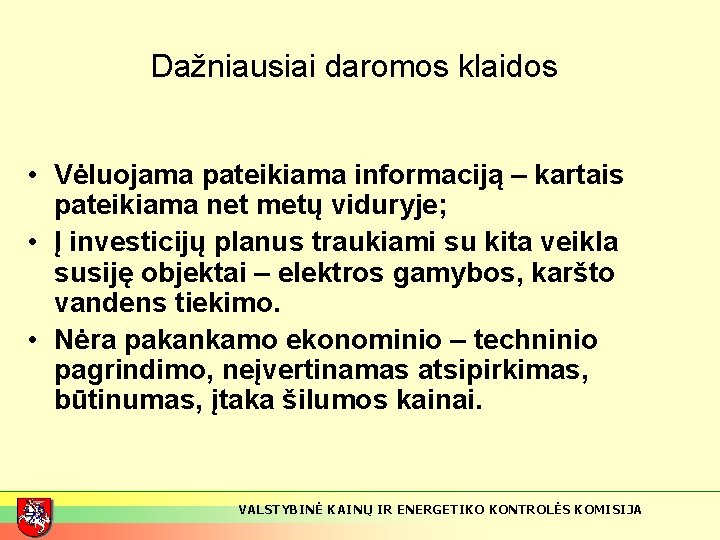 Dažniausiai daromos klaidos • Vėluojama pateikiama informaciją – kartais pateikiama net metų viduryje; •