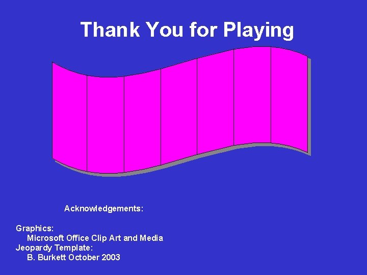 Thank You for Playing Acknowledgements: Graphics: Microsoft Office Clip Art and Media Jeopardy Template: