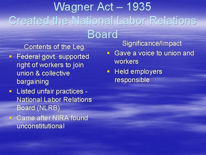 Wagner Act – 1935 Created the National Labor Relations Board Contents of the Leg.