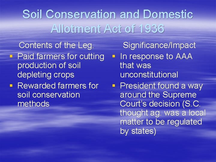 Soil Conservation and Domestic Allotment Act of 1936 Contents of the Leg. Significance/Impact §