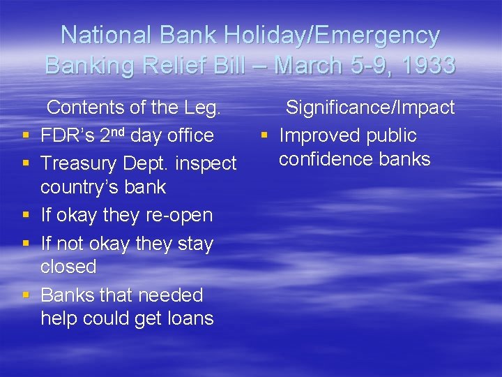 National Bank Holiday/Emergency Banking Relief Bill – March 5 -9, 1933 § § §