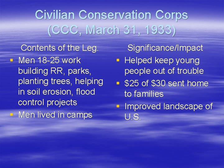 Civilian Conservation Corps (CCC, March 31, 1933) Contents of the Leg. § Men 18