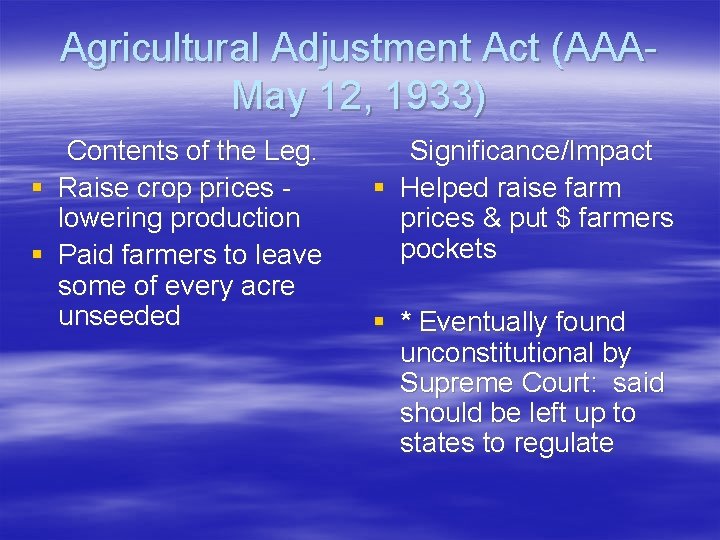 Agricultural Adjustment Act (AAAMay 12, 1933) Contents of the Leg. § Raise crop prices
