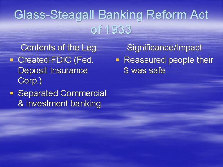 Glass-Steagall Banking Reform Act of 1933 Contents of the Leg. Significance/Impact § Created FDIC