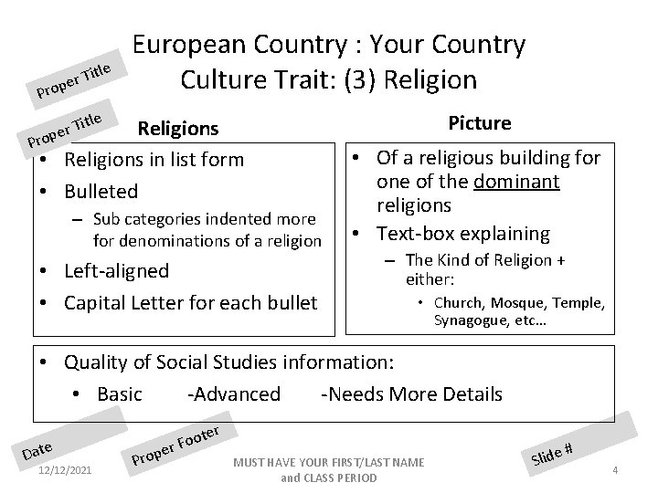 Pro itle T r pe European Country : Your Country Culture Trait: (3) Religion