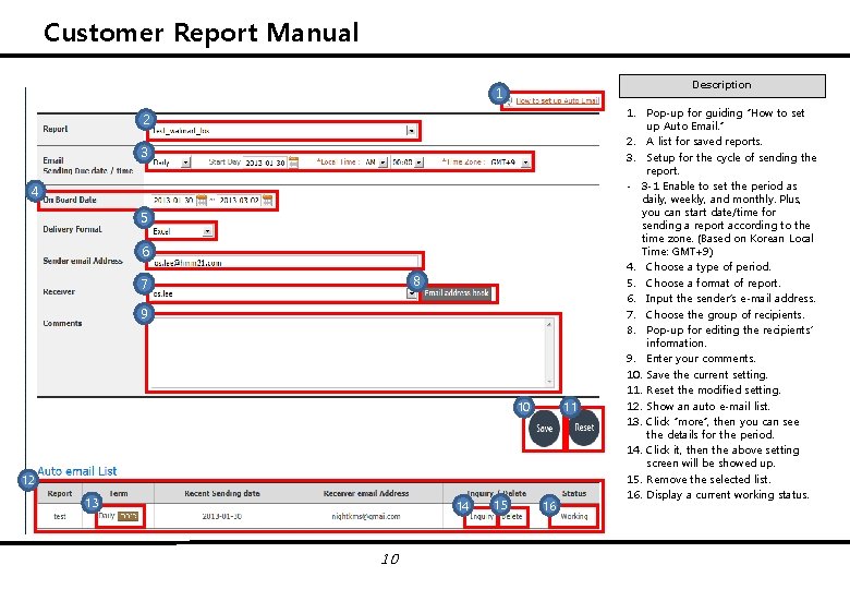 Customer Report Manual Description 1 2 3 4 5 6 8 7 9 10